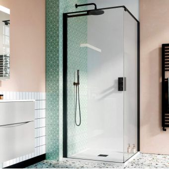Crosswater Design 8 Matt Black Hush Pivot Shower Door with Side Panel and Tray