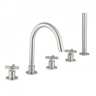 Crosswater MPRO Bath 5 Hole Set with Crosshead in Brushed Stainless Steel Effect
