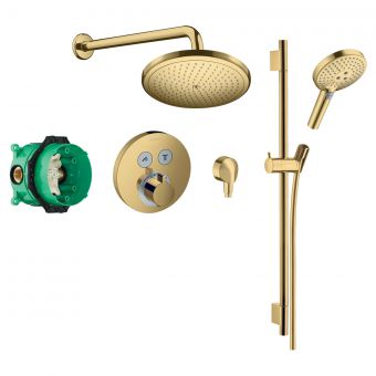 Hansgrohe Round Select Concealed Valve with Croma 280 mm Overhead and Select Rail Kit in Polished Gold-optic