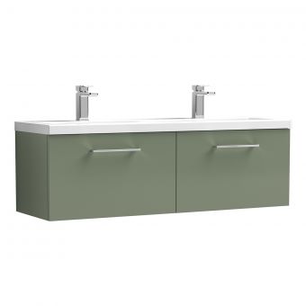 Nuie Arno Wall Hung 1200mm 2 Drawer Vanity Unit with Twin Ceramic Basin in Green