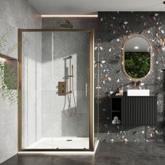 Amara Levisham Sliding Shower Door in Brushed Brass
