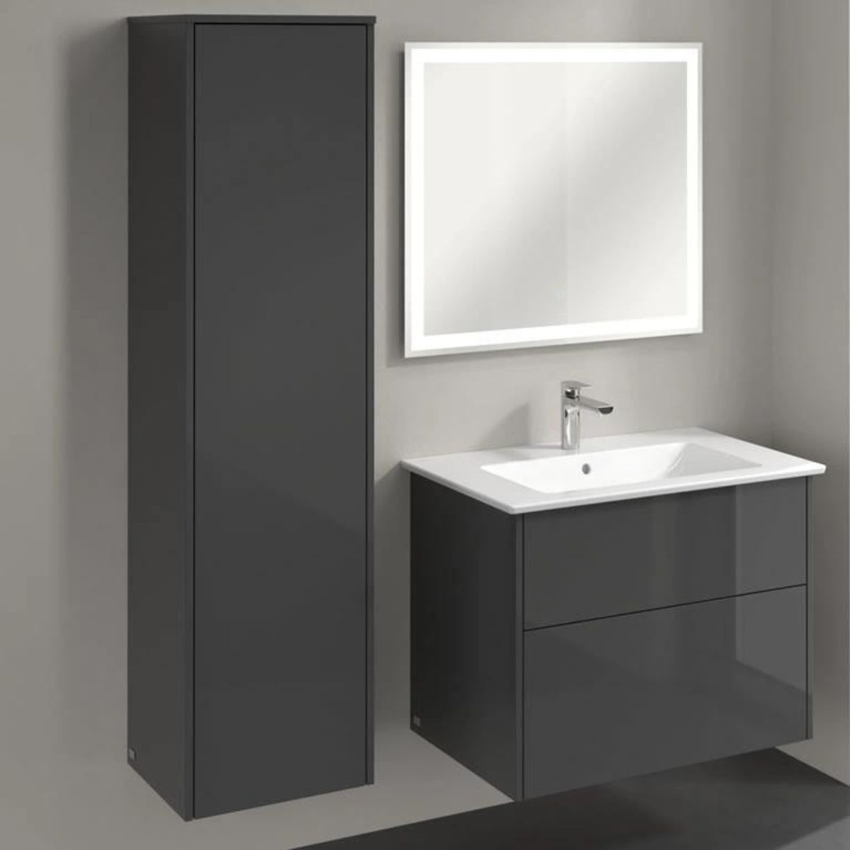 Villeroy and Boch Finero Tall Wall Mounted Cabinet in Glossy Grey | UK ...