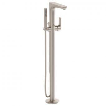 VitrA Root Round Floor-Standing Bath Mixer with Hand Shower in Brushed Nickel - A4274134