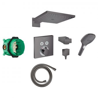 Hansgrohe Square Select Concealed Valve with Raindance 300 mm Overhead and Select Hand Shower in Brushed Black Chrome