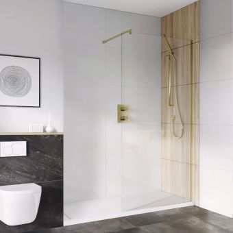 UK Bathrooms Essentials 10mm Wet Room Panel with Wall Bracing Bar in Brushed Brass