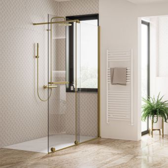 Tissino Armano Right-Hand Clear Glass Roller Panel with Stabilising Bar in Brushed Brass