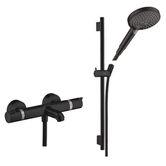 hansgrohe Ecostat Comfort Bath Spout Shower Set with Rail and Handset in Matt Black - 88102117