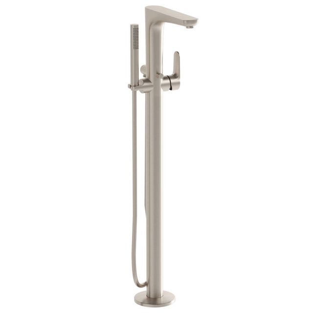 VitrA Root Round Floor-Standing Bath Mixer with Hand Shower in Brushed Nickel - A4274134