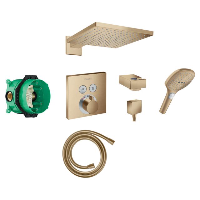 Hansgrohe Square Select Concealed Valve with Raindance 300 mm Overhead and Select Hand Shower in Brushed Bronze