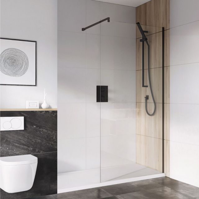 UK Bathrooms Essentials 10mm Wet Room Panel with Wall Bracing Bar in Black