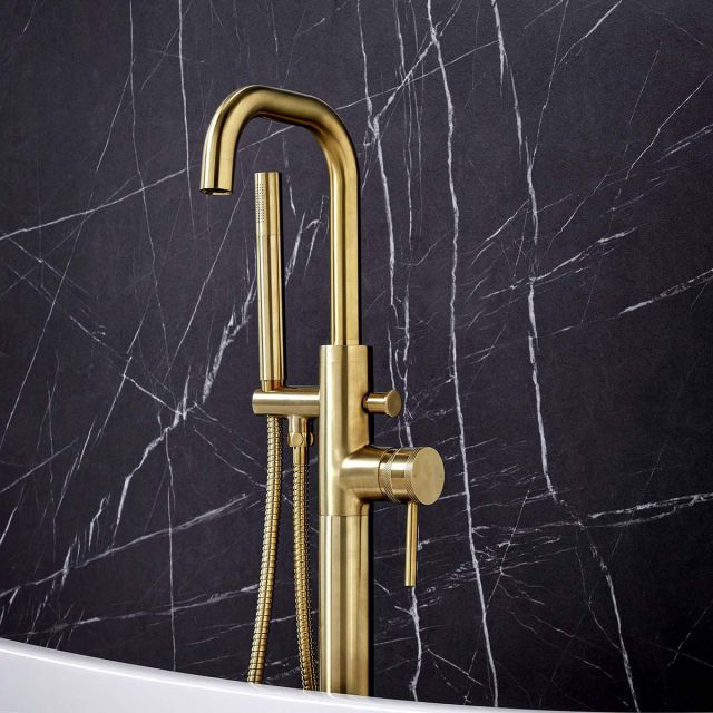 Amara Runswick Freestanding Bath Shower Mixer Tap in Brushed Brass