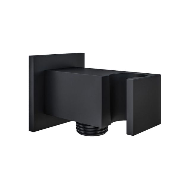 UK Bathrooms Essentials Square Outlet Elbow with Shower Bracket in Matt Smooth Black